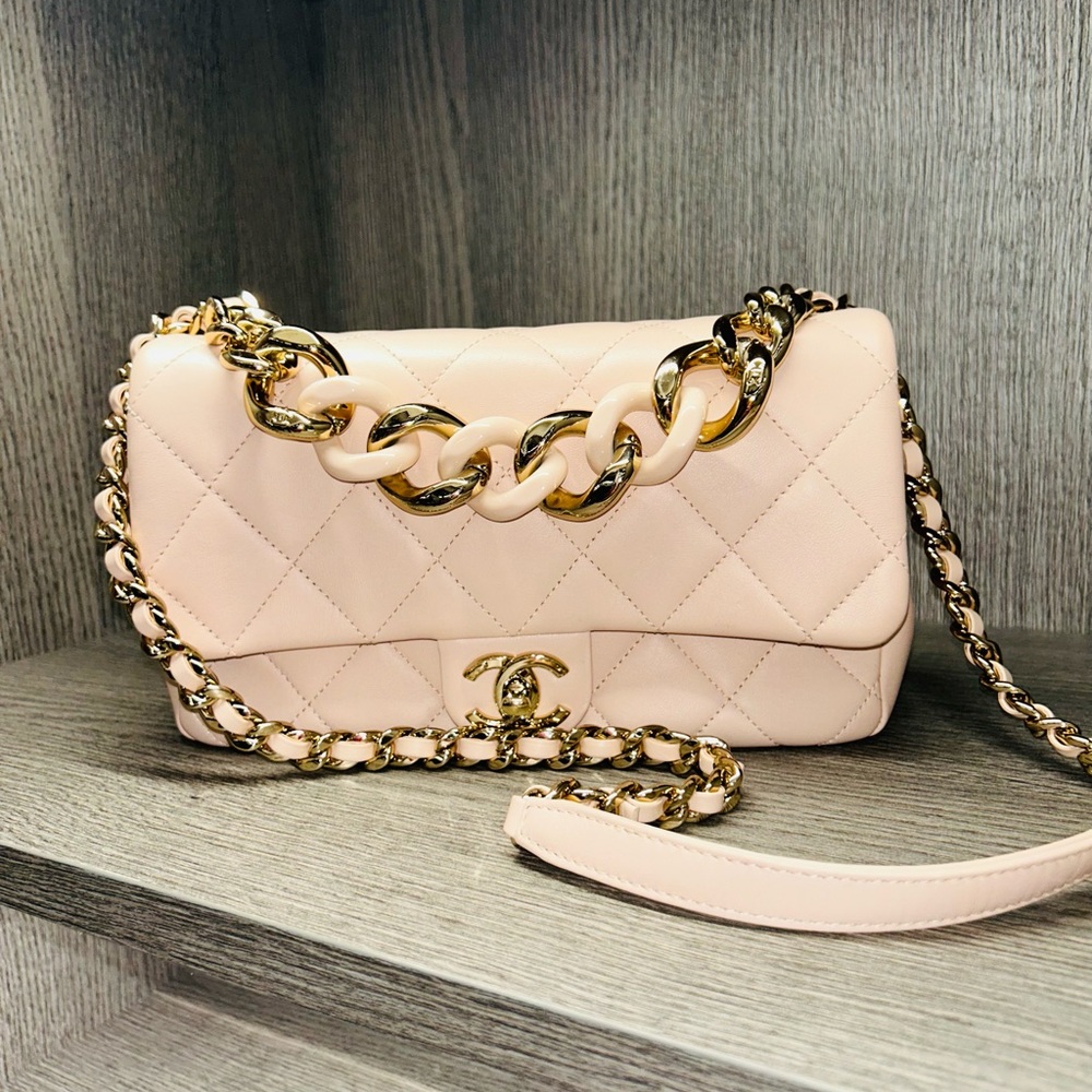 Chanel Beige Nude Flap Bag - Lambskin Quilted Resin Bi-Color Chain